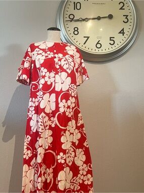 Vintage Hawaiian Red and White Floral Maxi Dress